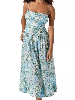 ASTR the Label Capria Midi Dress Floral Blue, Green, White Spaghetti-Strap